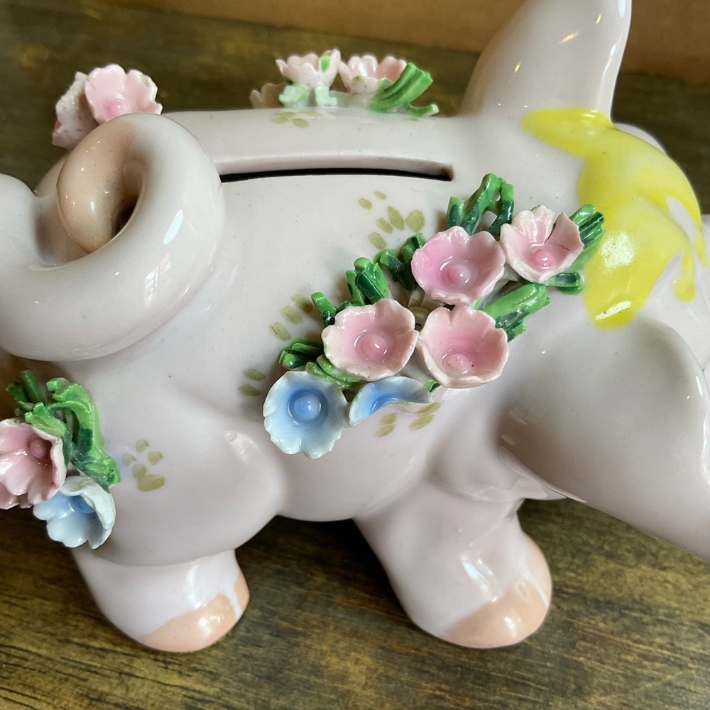 Vintage Lefton China Piggy Bank Pink Pig w/ Applied Flowers Hand Painted Japan - Picture 9 of 10